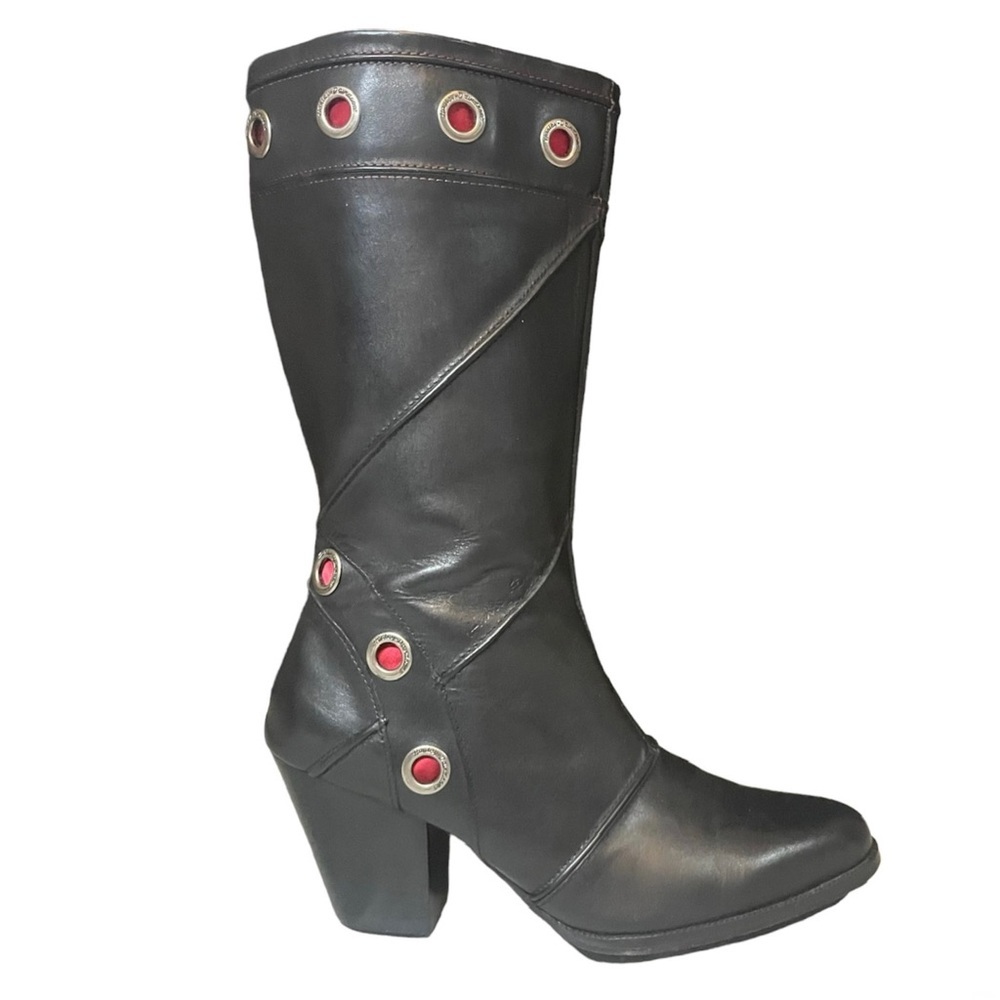 Harley Davidson black leather grommets mid calf side zip heeled boots size 8